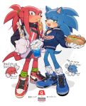  2boys alternate_costume alternate_hairstyle animal_ears black_jacket blue_footwear blue_fur blue_jacket chibi chibi_inset copyright_name cup disposable_cup food food_in_mouth full_body furry furry_male gloves green_eyes green_socks grey_jacket highres holding holding_cup holding_food hot_dog jacket knuckles_the_echidna looking_at_viewer multicolored_clothes multicolored_jacket multiple_boys open_mouth partially_unzipped pizza pizza_slice purple_eyes red_footwear red_fur red_jacket shoes sk_rokuro sneakers socks sonic_(series) sonic_the_hedgehog tail translation_request two-tone_footwear white_background white_footwear white_gloves white_socks 