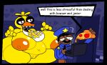 anthro beak belly big_breasts breasts chef_pee_pee_(sml) chica_(fnaf) duo female five_nights_at_freddy&#039;s food genitals machine male nipples non-mammal_nipples pizza pussy robot scottgames superiorfox thick_thighs