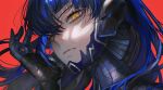  1boy androgynous armor asano_(kazusasn) blue_hair bodysuit closed_mouth dark_blue_hair eyelashes hair_between_eyes hand_up highres lips long_hair looking_at_viewer male_focus portrait protagonist_(smtv) red_background ringed_eyes shin_megami_tensei shin_megami_tensei_v simple_background slit_pupils solo yellow_eyes 