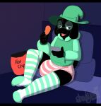 anthro bed black_body black_fur bovid caprine chips_(food) clothing darkner deltarune diaper eating eating_food electronics eyelashes eyewear food fur furniture glasses goat hat headgear headwear hi_res holding_food holding_object hoodie legwear looking_at_object looking_at_phone male mammal on_bed open_mouth open_smile pantsless_male phone ralsei shadyadi sitting smile solo thigh_highs topwear undertale_(series) witch_hat