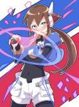  1girl absurdres biometal black_bodysuit blue_jacket bodysuit bodysuit_under_clothes brown_hair buzzlyears covered_navel cowboy_shot cropped_jacket crossed_arms glint green_eyes henshin_pose highres holding jacket light_blush long_hair mega_man_(series) mega_man_zx mega_man_zx_advent model_x_(mega_man) model_z_(mega_man) open_clothes open_jacket robot_ears shorts solo white_shorts 