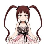  1girl arched_bangs bare_arms bare_shoulders blush breasts brown_hair closed_mouth collarbone cowboy_shot curtsey dot_nose floral_print frilled_negligee frills glasses hair_ribbon halterneck idolmaster idolmaster_million_live! idolmaster_million_live!_theater_days kuro_megane_(cat-13) layered_nightgown light_smile long_hair looking_at_viewer matsuda_arisa medium_breasts official_alternate_costume pink_negligee red_eyes ribbon rose_print sexy_beautiful_(idolmaster) sidelocks simple_background solo straight-on twintails very_long_hair white_background 