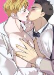  2boys ao_isami bare_pectorals black_hair blonde_hair blush bow bowtie couple facial_hair french_kiss from_side grabbing highres kiss lewis_smith loose_bowtie male_focus multiple_boys ninjinchanbb official_alternate_costume pectoral_docking pectoral_grab pectoral_press pectorals sideburns_stubble stubble suit thick_eyebrows yaoi yuuki_bakuhatsu_bang_bravern 