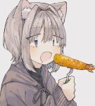  1girl :o animal_ear_fluff animal_ears black_shirt blue_eyes blush cat_ears cat_girl dot_nose drawstring fang food fork grey_hair grey_jacket hair_between_eyes hair_intakes hand_up highres holding holding_fork hood hood_down hooded_jacket jacket long_bangs long_sleeves looking_at_food medium_hair neck_ribbon open_mouth original portrait ribbon shirt sidelocks simple_background skin_fang sleeve_cuffs sleeves_past_wrists solo tempura tied_drawstring uo_yuo white_background 