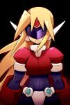  1boy armor assault_visor black_bodysuit blonde_hair bodysuit crop_top crotch_plate facial_mark forehead_mark girouette_(mega_man) highres long_hair male_focus mega_man_(series) mega_man_zx model_z_(mega_man) omeehayo open_mouth power_armor red_armor robot_ears simple_background smile standing 