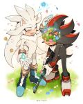  2boys animal_ears artist_name black_fur blue_flower blue_footwear blush closed_eyes covered_eyes flower furry furry_male gloves grass highres multiple_boys open_mouth pink_flower red_footwear red_fur shadow_the_hedgehog shoes silver_the_hedgehog sk_rokuro sonic_(series) tail two-tone_footwear two-tone_fur white_background white_footwear white_fur white_gloves 