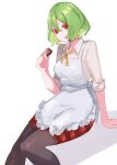  1girl :p absurdres alternate_costume apron arm_support breasts brown_pantyhose candy chocolate closed_mouth collared_shirt commentary cowboy_shot food green_hair hair_between_eyes heart heart-shaped_chocolate highres holding holding_chocolate holding_food kazami_yuuka looking_at_viewer maid_apron medium_breasts neck_ribbon pantyhose plaid plaid_skirt red_eyes red_skirt ribbon shadow shirt short_hair short_sleeves simple_background sitting skirt sleeves_rolled_up solo tohoyuukarin tongue tongue_out touhou valentine white_apron white_background white_shirt yellow_ribbon 