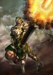  1boy antennae armor battlefield belt bodysuit firing gatling_gun green_armor gun helmet holding holding_weapon horns kamen_rider kamen_rider_ryuki_(series) kamen_rider_zolda male_focus minigun power_armor solo standing tsubasansan weapon 