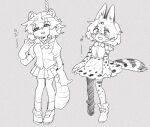  2girls :d animal_ears bad_id bad_twitter_id bow bowtie commentary_request common_raccoon_(kemono_friends) crying crying_with_eyes_open elbow_gloves extra_ears full_body fur_collar gloves greyscale hair_between_eyes hand_up highres inactive_account jmeysan kemono_friends looking_at_viewer monochrome multiple_girls noose open_mouth pleated_skirt print_skirt raccoon_ears raccoon_tail rope_around_neck sad_smile serval_(kemono_friends) serval_print shirt shoes short_hair short_sleeves skirt sleeveless sleeveless_shirt smile standing striped_tail tail tears thighhighs translation_request 