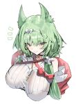  1girl :3 animal_ears arknights blush bow bow_hairband breasts cat_ears cat_girl closed_mouth commentary_request green_eyes green_hair hair_ornament hairband harmonie_(arknights) highres horn/wood large_breasts looking_at_viewer low_twintails red_bow shirt simple_background smile solo twintails upper_body white_background white_bow white_hairband white_shirt 
