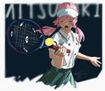  1girl alternate_costume ball blurry blurry_background blush border closed_eyes commentary_request cropped_legs day disembodied_eye floating_hair green_skirt highres holding holding_tennis_racket isshiki_(ffmania7) kaf_(kamitsubaki_studio) kamitsubaki_studio long_hair low_twintails open_mouth outdoors pink_hair playing_sports polo_shirt racket shirt_tucked_in short_sleeves sidelighting signature skirt solo sportswear tennis_ball tennis_racket tennis_uniform twintails v-shaped_eyebrows virtual_youtuber visor_cap white_border 