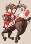  arrow bow_(weapon) brown_background brown_hair centaur hair_ornament highres japanese_clothes long_hair looking_at_viewer monster_girl no_pussy open_mouth original pointy_ears ponytail red_eyes simple_background weapon wide_sleeves yuugiri 