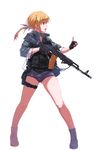  ak-74m assault_rifle blonde_hair blue_eyes fangdan_runiu fingerless_gloves gloves gun load_bearing_vest military_operator one-piece_swimsuit open_mouth original ponytail rifle russian_flag school_swimsuit simple_background solo swimsuit swimsuit_under_clothes trigger_discipline weapon white_background 