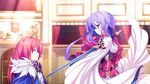 2girls game_cg kimi_to_boku_to_no_kishi_no_hibi_(kimikishi) long_hair minamihori_asuna piriri! purple_hair red_hair sword utsugi_rikka weapon yellow_eyes 