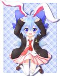 animal_ears blue_eyes blue_hair blush bow bunny_ears cirno cosplay fang hair_bow highres ice ice_wings jacket mofu_mofu necktie open_mouth red_neckwear reisen_udongein_inaba reisen_udongein_inaba_(cosplay) shoes short_hair skirt sleeves_past_wrists solo thighhighs touhou wings 