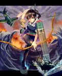  absurdres aircraft airplane archery blush boots bow_(weapon) brown_eyes explosion fire flight_deck gloves hair_ribbon highres japanese_clothes kaga_(kantai_collection) kantai_collection komakinyan kyuudou muneate partly_fingerless_gloves ribbon single_glove skirt solo thigh_boots thighhighs water weapon yugake 