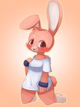  anthro bracelet breasts chipar clothing eyebrows female fur hi_res jewelry kneeling lagomorph looking_at_viewer lying mammal open_mouth orange_background pink_fur plain_background rabbit solo tongue 