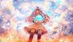  black_legwear blonde_hair blue_hair brown_eyes cloud cloudy_sky commentary dress energy_ball from_below glowing holding light_particles long_hair looking_at_viewer magic multicolored_hair original over-kneehighs sakimori_(hououbds) sky solo sphere standing thighhighs wavy_hair zettai_ryouiki 