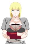  1girl areolae bangs blonde_hair blue_eyes blunt_bangs breast_hold breasts bust cleavage collarbone detached_sleeves female fingernails fishnet_top fishnets highres huge_breasts large_breasts lime_(purple_haze) looking_at_viewer naruto naruto_shippuuden nipple_slip nipples samui short_hair simple_background solo upper_body white_background 