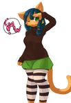  anthro black_nose blue_hair blush breasts cat chipar clothing feline female green_eyes hair hi_res long_hair looking_at_viewer mammal one_eye_closed open_mouth plain_background solo standing text white_background 