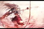  archery battle blush boots bow_(weapon) brown_eyes damaged flight_deck gloves hair_ribbon hairband japanese_clothes kantai_collection kyuudou letterboxed long_hair muneate partly_fingerless_gloves ribbon shoukaku_(kantai_collection) silver_hair single_glove skirt solo sumisu_(mondo) thigh_boots thighhighs torn_clothes weapon white_hair yugake 