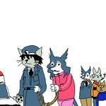  arrest clothing feline female group low_res male mammal plain_background police rain_silves sergal talyxian trackpants tracksuit unknown_artist white_background 