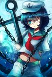  anchor blue_eyes blue_hair bubble chain colorized commentary_request eyepatch hat highres looking_at_viewer maho_moco midriff murasa_minamitsu navel one_eye_covered pants puffy_sleeves sailor sailor_hat shirt short_hair short_sleeves simple_background sketch solo touhou underwater water 