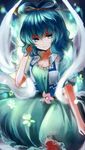  belt blue_dress blue_eyes blue_hair dress flower hair_ornament hair_rings hair_stick highres jacket kaku_seiga looking_at_viewer maho_moco outstretched_arm puffy_sleeves shawl short_hair short_sleeves simple_background smile solo touhou 