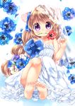  anemone_(flower) animal_ears bad_id bad_pixiv_id bare_arms bare_shoulders barefoot blue_bow blue_flower blush bouquet bow brown_hair child dress eyebrows_visible_through_hair floral_background flower flower_in_mouth full_body hair_bow jewelry knees_up long_hair mouth_hold mutou_mato original petals purple_eyes red_flower ring see-through sitting smile soles solo squirrel_ears squirrel_tail strapless strapless_dress tail tareme toes veil wedding_band white_dress white_flower 