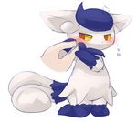  angry blush chipar disembodied_hand female fish fur hand hi_res japanese_text kneeling marine meowstic multiple_tails nintendo orange_eyes plain_background pok&#233;mon purple_fur text translation_request video_games white_background white_fur yellow_eyes 