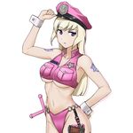 adapted_uniform aegis_(nerocc) bare_shoulders baton bikini_bottom blonde_hair breasts collarbone crop_top crossdraw_holster gun hand_on_hip handgun hat holster large_breasts long_hair marian_e_carl midriff navel noble_witches o-ring o-ring_bottom pink_bikini_bottom pistol police_badge police_hat purple_eyes revision solo tattoo underboob weapon world_witches_series wrist_cuffs 