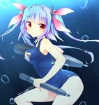  bad_id bad_pixiv_id blue_hair breasts bubble fuuen_(akagaminanoka) hair_ornament hair_ribbon holding holding_torpedo i-19_(kantai_collection) kantai_collection long_hair medium_breasts name_tag one-piece_swimsuit red_eyes ribbon school_swimsuit smile solo star star-shaped_pupils swimsuit symbol-shaped_pupils torpedo twintails underwater 