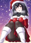  :o black_hair blue_eyes blush boots breath hat idolmaster idolmaster_cinderella_girls knee_boots long_hair panties panties_under_pantyhose pantyhose pantyshot pantyshot_(sitting) sagisawa_fumika santa_costume santa_hat shouji_nigou sitting solo turtleneck underwear 