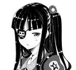  akino_sora blush eyepatch flower greyscale hair_flower hair_ornament long_hair looking_at_viewer monochrome portrait sekai_seifuku:_bouryaku_no_zvezda shikabane_itsuka side_ponytail solo upper_body 