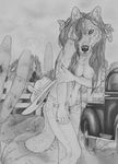  anthro areola breasts cactus canine car claws clothing coy coyote desert feathers female fur hair hat jacq lightning long_hair looking_at_viewer mammal monochrome navel nipples outside solo source_request storm whiskers 