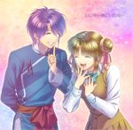  1girl alternate_hairstyle bow brown_hair chinese_clothes closed_eyes double_bun fushigi_yuugi hair_bun hair_ribbon highres laughing mole mole_under_eye nuriko_(fushigi_yuugi) open_mouth pleated_skirt purple_hair ribbon school_uniform short_hair skirt teeth yuuki_miaka yuzuki_kaoru 