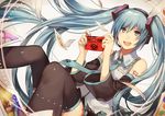  aqua_eyes aqua_hair camera detached_sleeves hatsune_miku headset long_hair necktie open_mouth photo_(object) skirt solo thighhighs twintails very_long_hair vocaloid yunomachi 