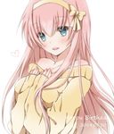  bare_shoulders blue_eyes bow dated hair_bow hairband hands_on_own_chest happy_birthday headband heart hiro_(hirohiro31) long_hair megurine_luka pink_hair simple_background smile solo sweater symbol typo vocaloid white_background yellow_hairband yellow_sweater 