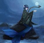  animal_ears artist_name bird blue_hair closed_eyes full_moon harp head_fins highres instrument japanese_clothes kimono magician_(china) mermaid monster_girl moon night obi revision rock sash short_hair smile solo star_(sky) touhou wakasagihime water wide_sleeves 