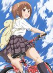  1girl aiura amaya_kanaka bicycle blush brown_eyes brown_hair cloud highres keisuke_(0320030103200301) open_mouth plaid plaid_skirt ponytail school_uniform side_ponytail skirt sky smile socks solo thighs 