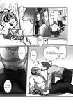  anthro big_muscles canine clothing comic dialog feline gay greyscale japanese_text male mammal maririn monochrome muscles pants pinned seductive shirt table text tiger translated wolf 
