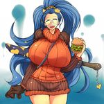  1girl between_breasts blue_hair breasts eyes_closed female food glasses gloves hair_ornament hamburger hataraki_ari huge_breasts long_hair miniskirt open_mouth short_skirt skirt solo standing sweater sword weapon 