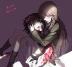  1girl black_hair black_legwear blood blood_in_mouth blood_on_face blood_splatter bloody_clothes blue_eyes blush danganronpa danganronpa/zero evil_smile glaring heart hug knife long_hair matsuda_yasuke necktie otonashi_ryouko pink_blood red_eyes red_hair school_uniform smile spoilers translation_request ushi_(newrein) very_long_hair 