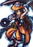  anchor armpits belt brown_hair fingerless_gloves gloves guilty_gear guilty_gear_xrd hat huge_weapon long_hair may_(guilty_gear) orange_hat orange_shirt pants pants_rolled_up pirate_hat red_eyes shirt skull_and_crossbones smile solo sowel_(sk3) weapon 