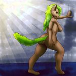  anthro big_breasts big_butt breasts brown_fur butt female fur green_eyes green_hair green_nose green_tail hair hi_res shockwave_flavour smile solo 
