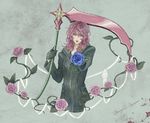  bad_id bad_pixiv_id black_coat_(kingdom_hearts) blue_eyes flower gloves kingdom_hearts long_hair male_focus marluxia pink_hair scythe seimoku 