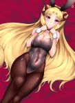  1girl animal_ears blonde_hair blush breasts bunny_ears bunny_girl bunnysuit cleavage closed_mouth crimecrime detached_collar detached_sleeves ereshkigal_(fate/grand_order) fate/grand_order fate_(series) looking_at_viewer lying medium_breasts on_back pantyhose red_eyes ribbon smile twintails 