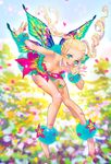  absurdres bad_id bad_pixiv_id barefoot blonde_hair breasts butterfly_wings cleavage collarbone dress fairy fingernails green_eyes highres legs long_fingernails long_hair medium_breasts multicolored multicolored_wings nail_polish original rukiana smile solo toenail_polish twintails wings 