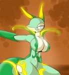 anthrofied big_breasts blue_eyes breasts cleavage clothed clothing female glowing half-closed_eyes june navel nintendo nipples open_mouth plain_background pok&#233;mon pok&eacute;mon r-mk reptile scalie serperior snake solo thick_thighs thighs video_games 