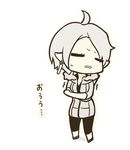 ahoge capri_pants chibi closed_eyes commentary_request earrings fur_trim grey_hair hand_on_own_elbow jacket jewelry monochrome original pants poaro pointy_ears simple_background solo trembling turning_head white_background 